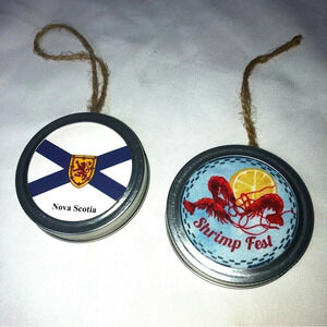 5/$25 
Set Handmade In Nova Scotia Christmas Tree Ornaments Fabric Mason Lid